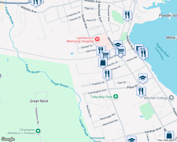 map of restaurants, bars, coffee shops, grocery stores, and more near 47 Evergreen Avenue in New London