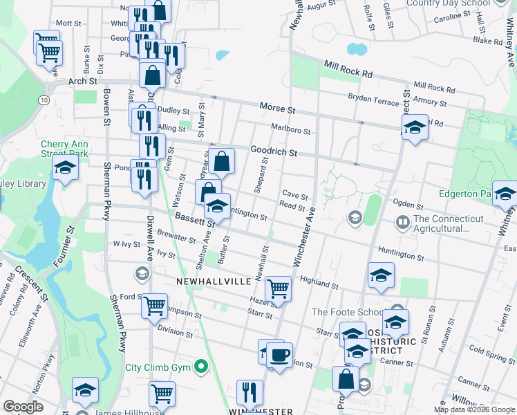 map of restaurants, bars, coffee shops, grocery stores, and more near 41 Shepard Street in New Haven