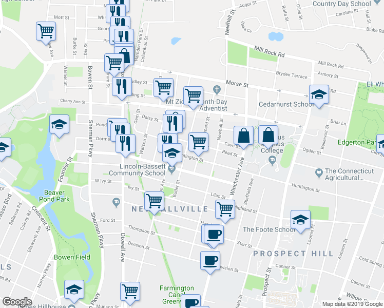 map of restaurants, bars, coffee shops, grocery stores, and more near 104 Butler Street in New Haven