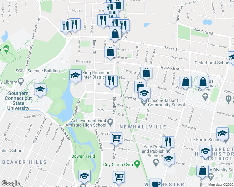 map of restaurants, bars, coffee shops, grocery stores, and more near 223 Bassett Street in New Haven