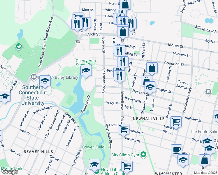 map of restaurants, bars, coffee shops, grocery stores, and more near 296 Bassett Street in New Haven