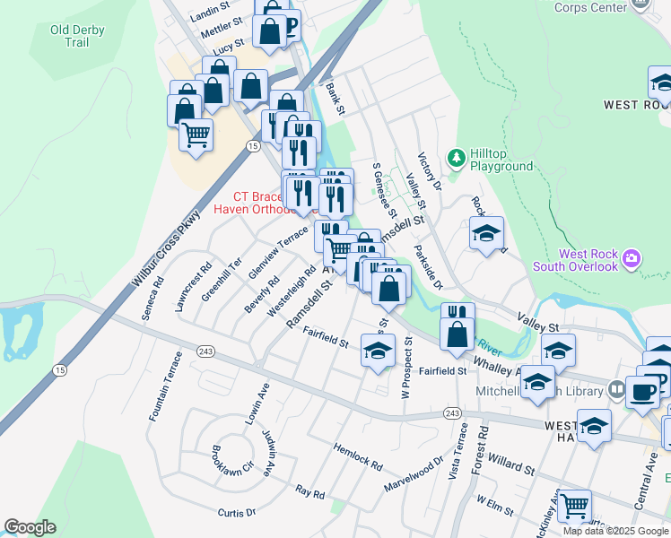 map of restaurants, bars, coffee shops, grocery stores, and more near 1375 Whalley Avenue in New Haven