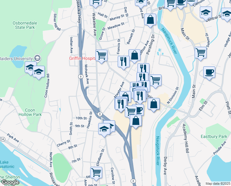 map of restaurants, bars, coffee shops, grocery stores, and more near 82 Atwater Avenue in Derby