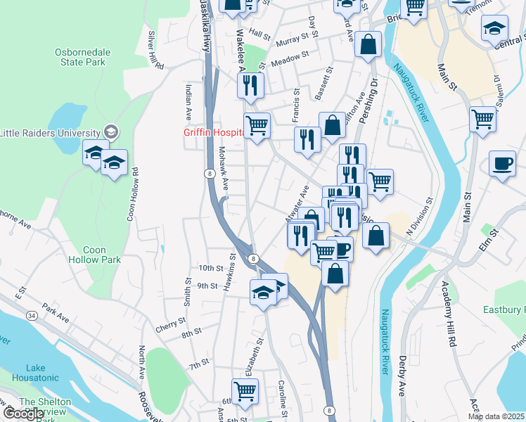 map of restaurants, bars, coffee shops, grocery stores, and more near 40 Lewis Street in Derby