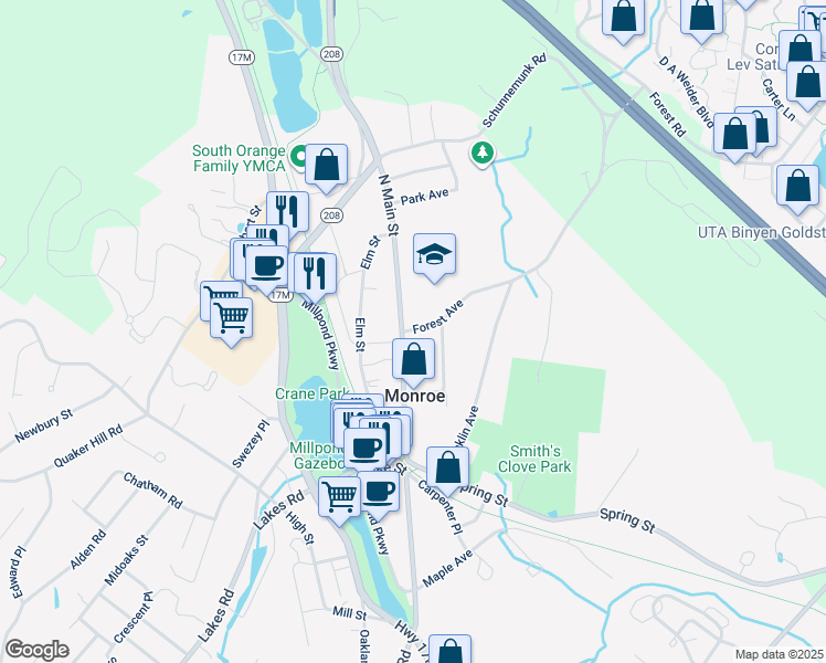 map of restaurants, bars, coffee shops, grocery stores, and more near 34 Forest Avenue in Monroe