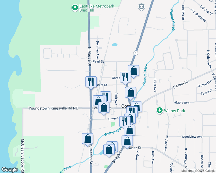 map of restaurants, bars, coffee shops, grocery stores, and more near 185 Market Street in Cortland