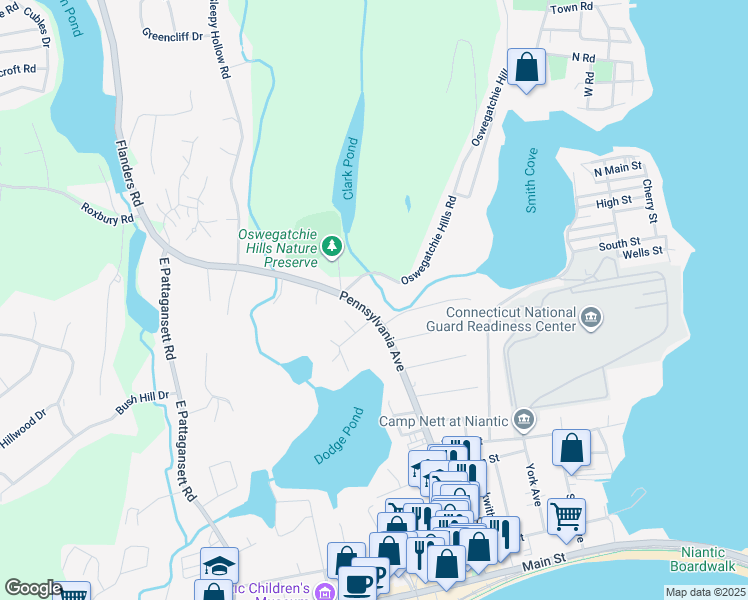 map of restaurants, bars, coffee shops, grocery stores, and more near 159 Pennsylvania Avenue in East Lyme