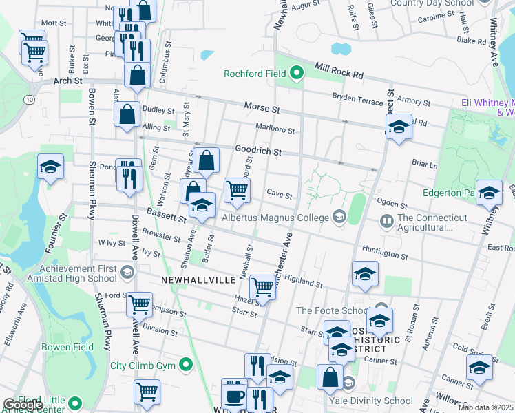map of restaurants, bars, coffee shops, grocery stores, and more near 320 Newhall Street in New Haven