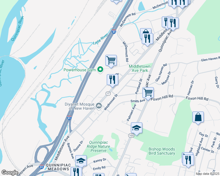 map of restaurants, bars, coffee shops, grocery stores, and more near 624 Middletown Avenue in New Haven