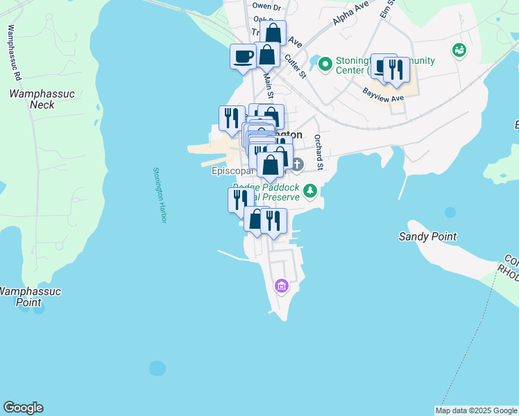 map of restaurants, bars, coffee shops, grocery stores, and more near 84 Water Street in Stonington