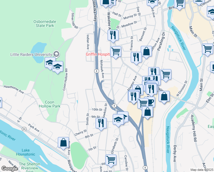 map of restaurants, bars, coffee shops, grocery stores, and more near 196 Seymour Avenue in Derby
