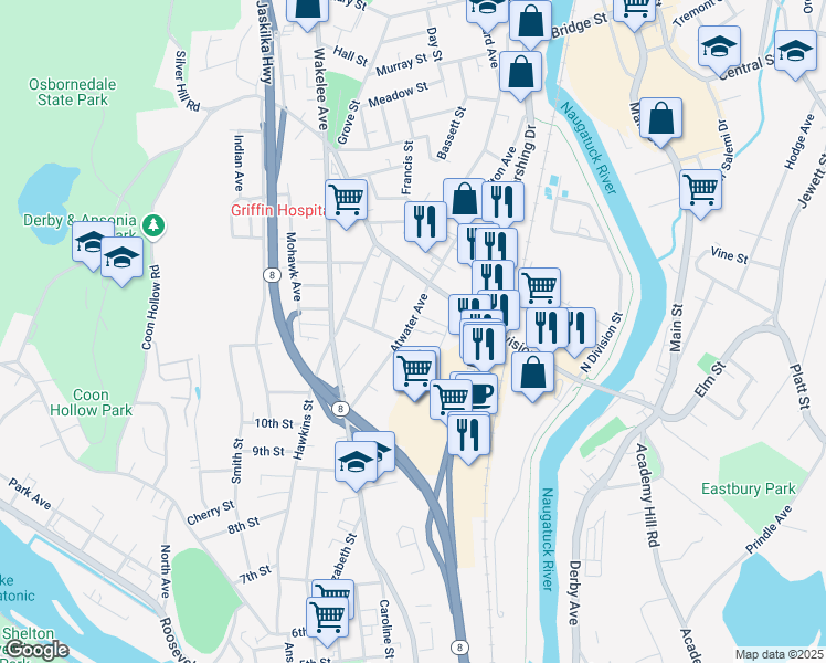 map of restaurants, bars, coffee shops, grocery stores, and more near 82 Atwater Avenue in Derby