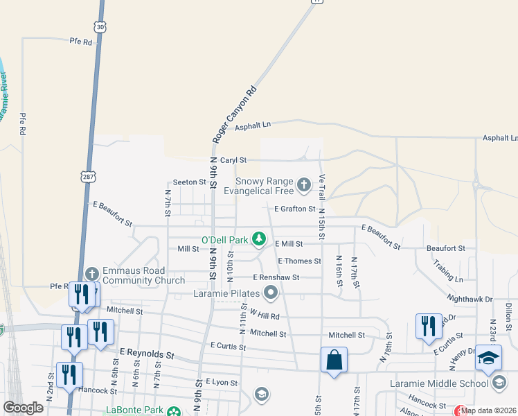 map of restaurants, bars, coffee shops, grocery stores, and more near 2360 North 13th Street in Laramie