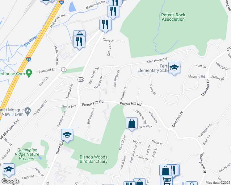 map of restaurants, bars, coffee shops, grocery stores, and more near 96 Oak Ridge Drive in New Haven