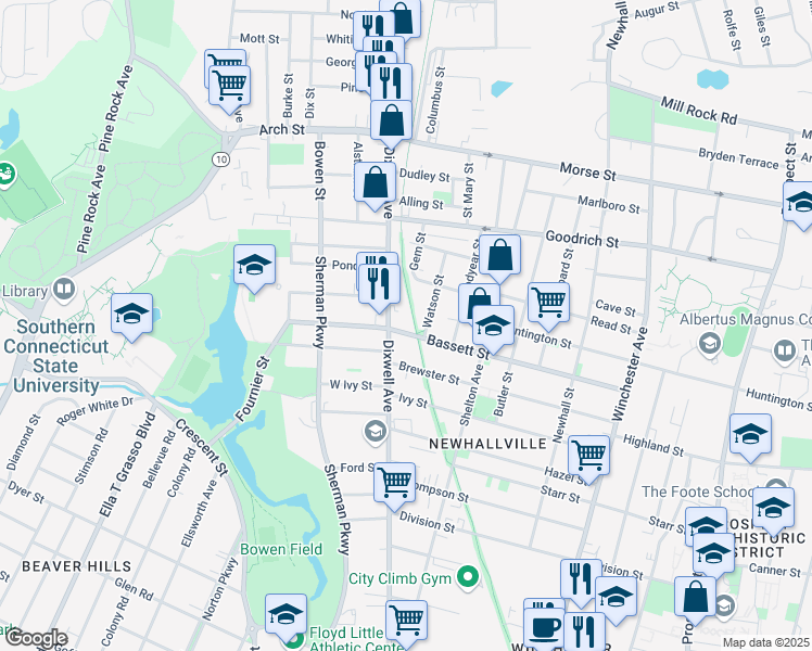 map of restaurants, bars, coffee shops, grocery stores, and more near 223 Bassett Street in New Haven