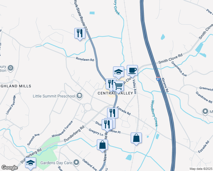 map of restaurants, bars, coffee shops, grocery stores, and more near 287 New York 32 in Woodbury
