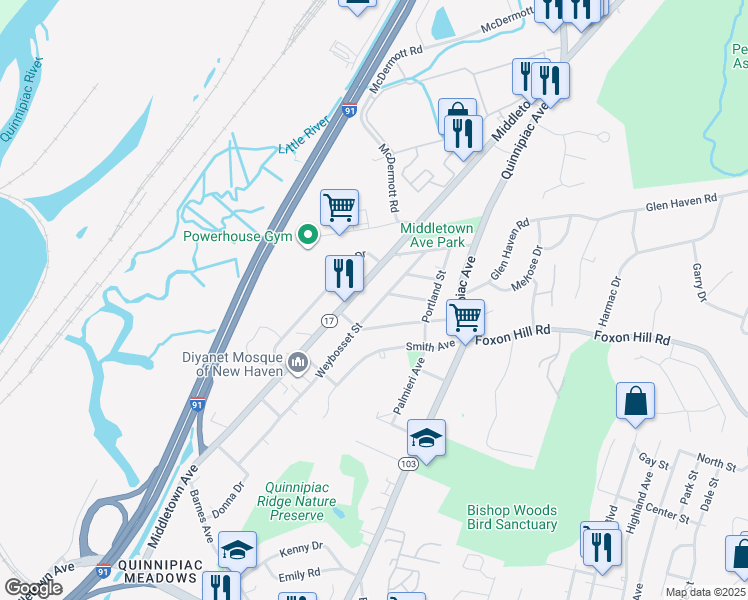 map of restaurants, bars, coffee shops, grocery stores, and more near 250 Weybosset Street in New Haven