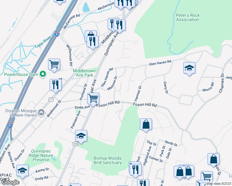 map of restaurants, bars, coffee shops, grocery stores, and more near 30 Hawthorne Road in New Haven