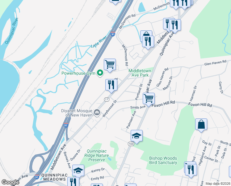 map of restaurants, bars, coffee shops, grocery stores, and more near 250 Weybosset Street in New Haven