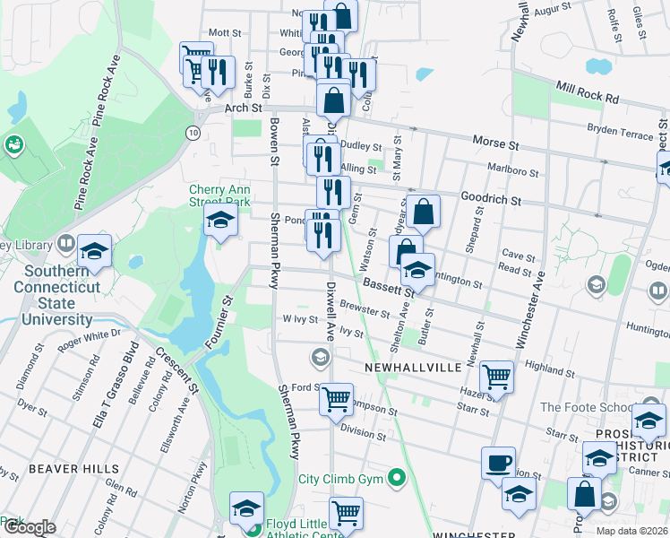 map of restaurants, bars, coffee shops, grocery stores, and more near in New Haven
