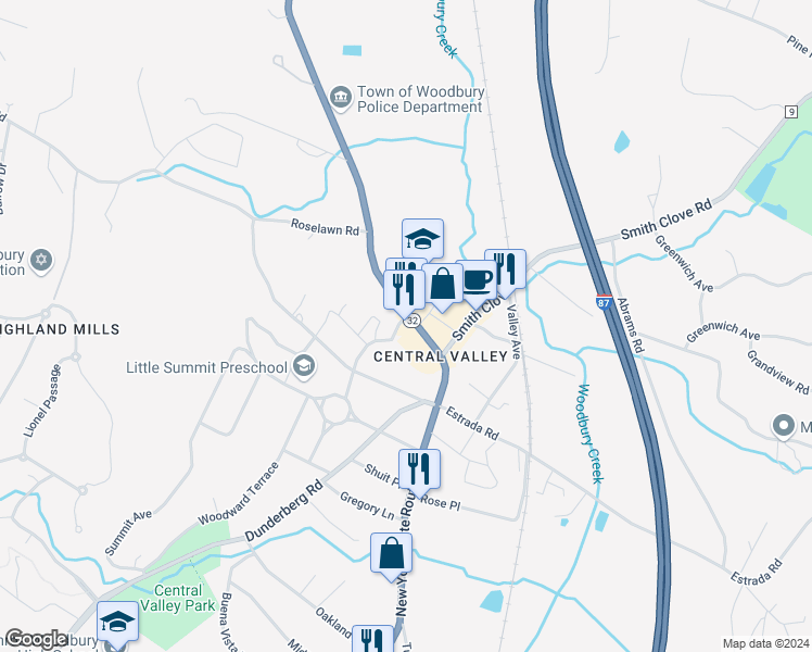 map of restaurants, bars, coffee shops, grocery stores, and more near 283 New York 32 in Woodbury