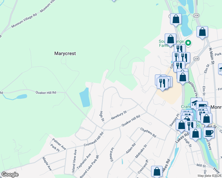 map of restaurants, bars, coffee shops, grocery stores, and more near 500 High Street in Monroe