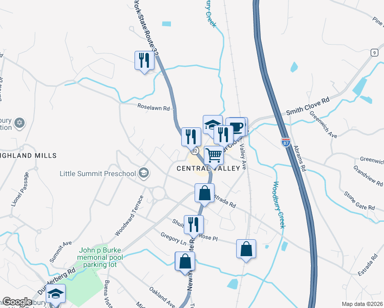 map of restaurants, bars, coffee shops, grocery stores, and more near 283 New York 32 in Woodbury