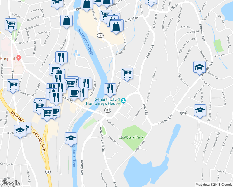 map of restaurants, bars, coffee shops, grocery stores, and more near 18 Columbia Street in Ansonia