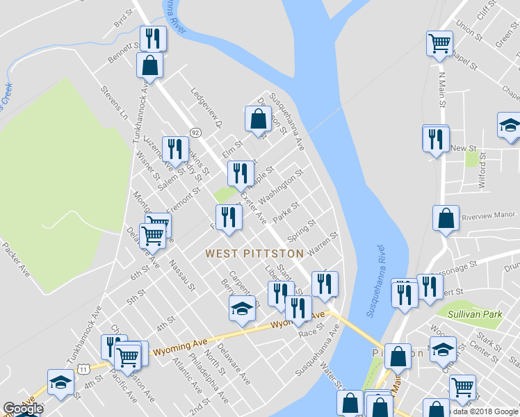 map of restaurants, bars, coffee shops, grocery stores, and more near 414 Exeter Avenue in Luzerne County