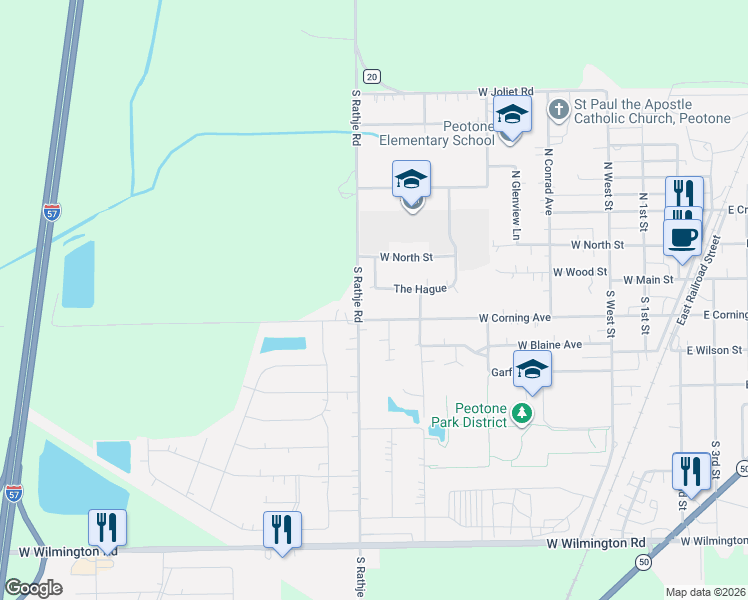 map of restaurants, bars, coffee shops, grocery stores, and more near 616 The Hague in Peotone
