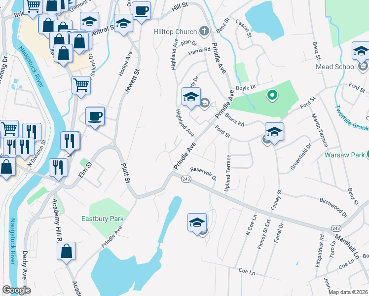 map of restaurants, bars, coffee shops, grocery stores, and more near 107 Prindle Avenue in Ansonia