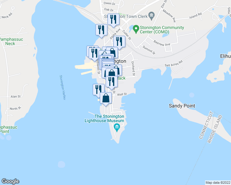 map of restaurants, bars, coffee shops, grocery stores, and more near 18 Wall Street in Stonington