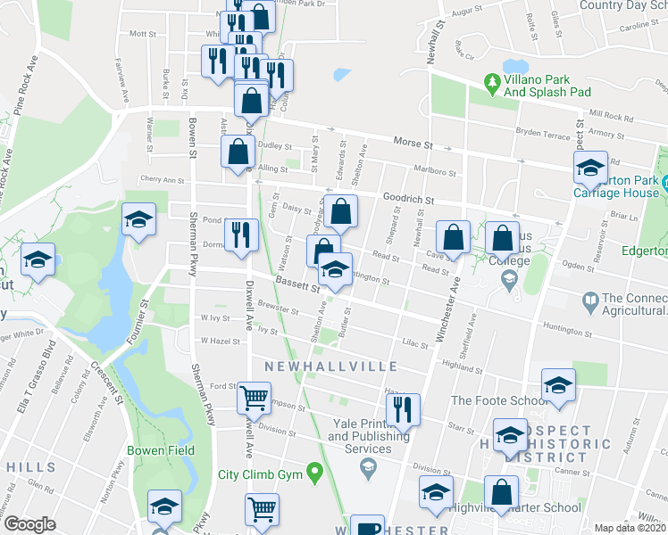 map of restaurants, bars, coffee shops, grocery stores, and more near 586 Huntington Street in New Haven