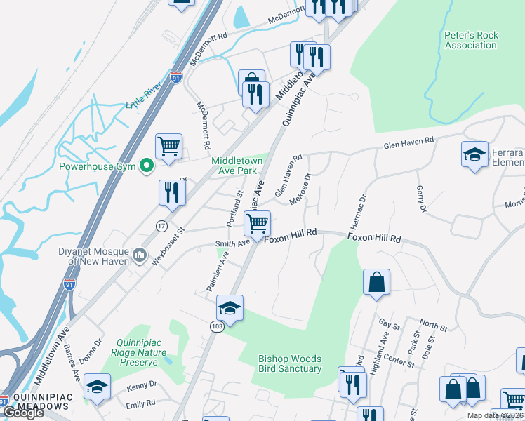 map of restaurants, bars, coffee shops, grocery stores, and more near 1703 Quinnipiac Avenue in New Haven