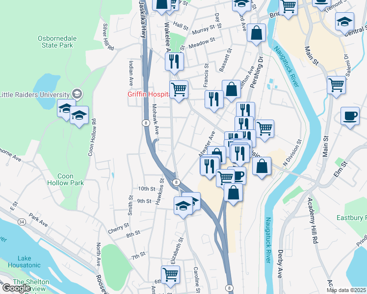 map of restaurants, bars, coffee shops, grocery stores, and more near 40 Lewis Street in Derby