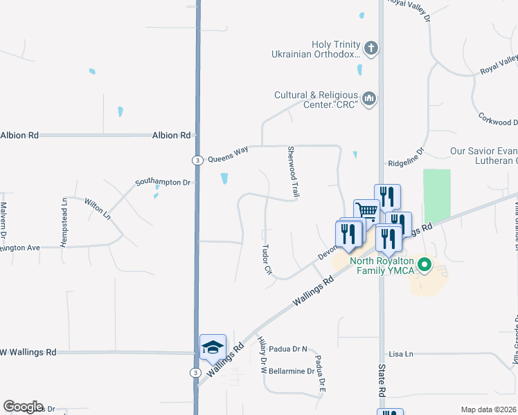 map of restaurants, bars, coffee shops, grocery stores, and more near 10602 Tudor Circle in North Royalton
