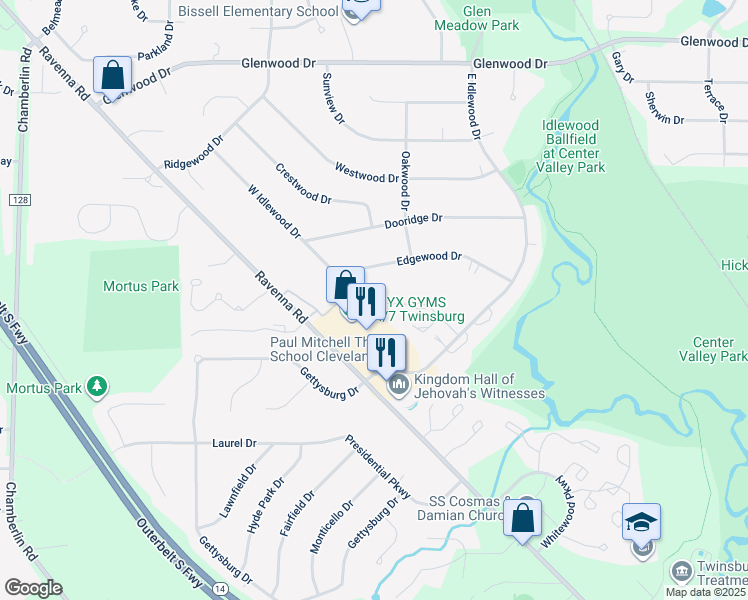 map of restaurants, bars, coffee shops, grocery stores, and more near 1883 Ridge Meadow Court in Twinsburg