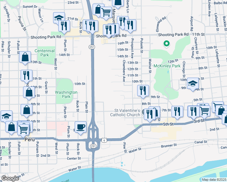 map of restaurants, bars, coffee shops, grocery stores, and more near 1165 Saint Vincents Avenue in Peru