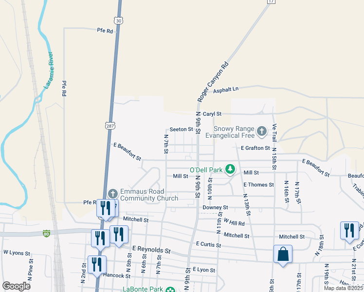 map of restaurants, bars, coffee shops, grocery stores, and more near 39 East Grafton Street in Laramie