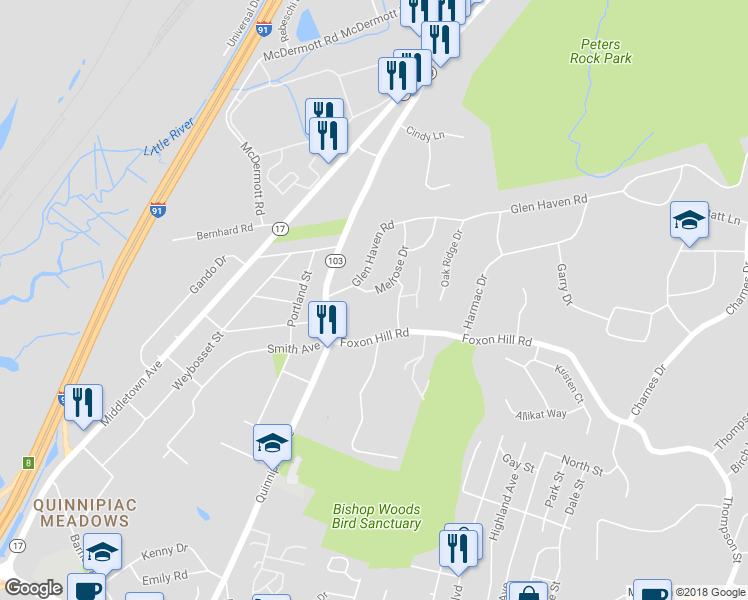 map of restaurants, bars, coffee shops, grocery stores, and more near 25 Melrose Drive in East Haven