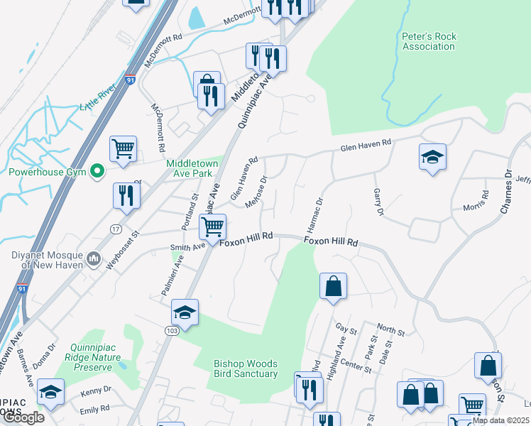 map of restaurants, bars, coffee shops, grocery stores, and more near 30 Hawthorne Road in New Haven