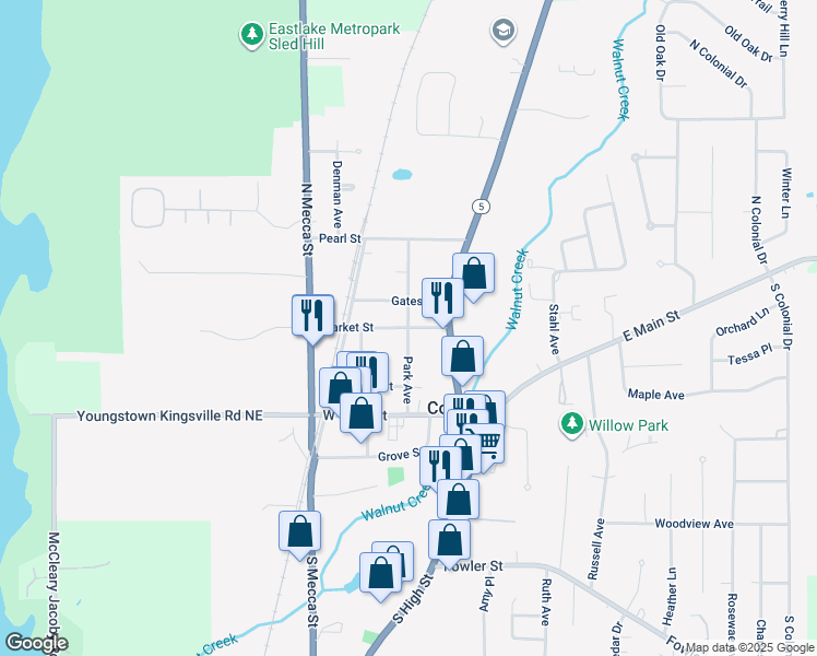 map of restaurants, bars, coffee shops, grocery stores, and more near Park Avenue in Cortland