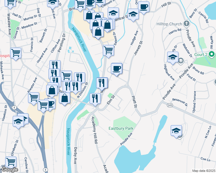 map of restaurants, bars, coffee shops, grocery stores, and more near 20 Columbia Street in Ansonia