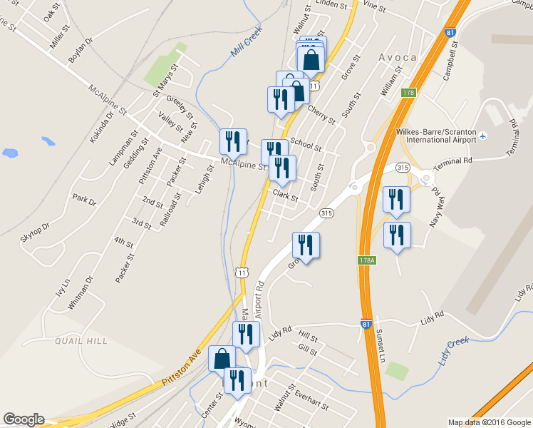 map of restaurants, bars, coffee shops, grocery stores, and more near 190-192 Main St in Avoca