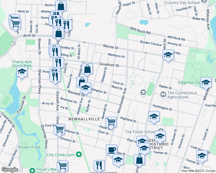 map of restaurants, bars, coffee shops, grocery stores, and more near 323 Newhall Street in New Haven