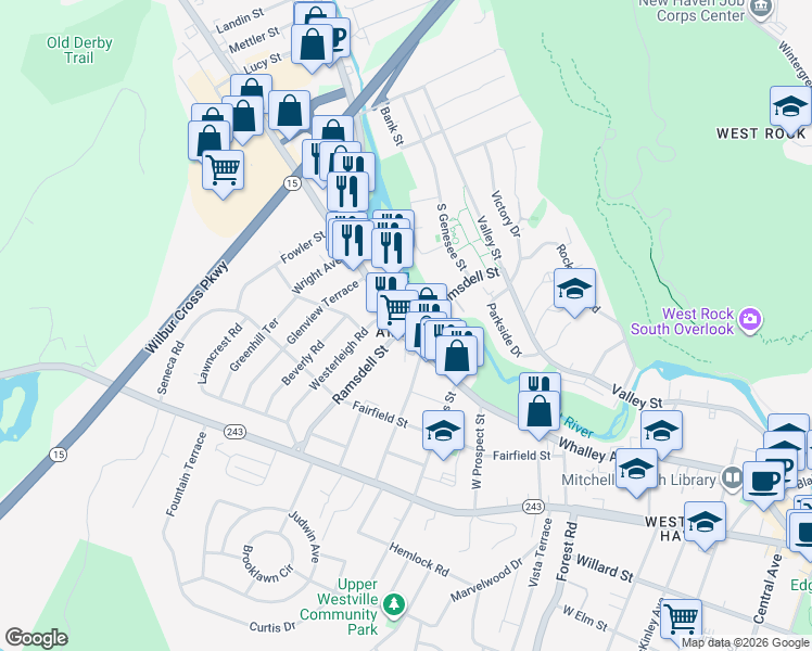 map of restaurants, bars, coffee shops, grocery stores, and more near 1375 Whalley Avenue in New Haven