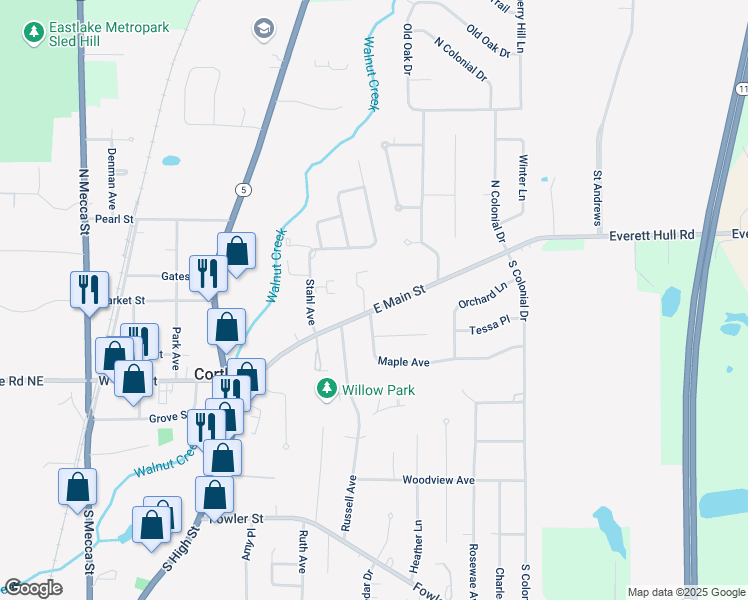 map of restaurants, bars, coffee shops, grocery stores, and more near 277 East Main Street in Cortland