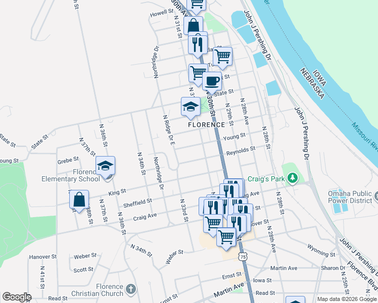 map of restaurants, bars, coffee shops, grocery stores, and more near 3128 Reynolds Street in Omaha