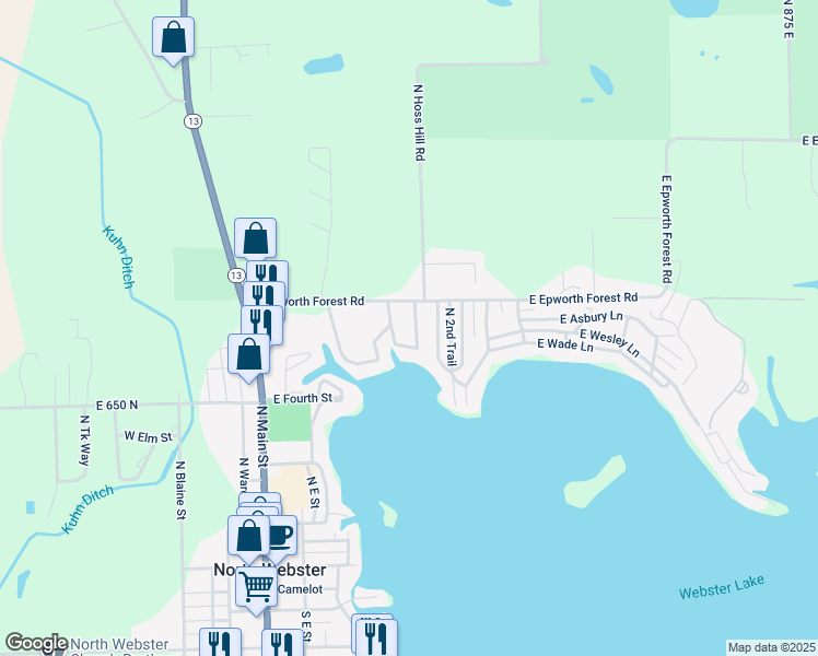 map of restaurants, bars, coffee shops, grocery stores, and more near 662 Center St E in North Webster