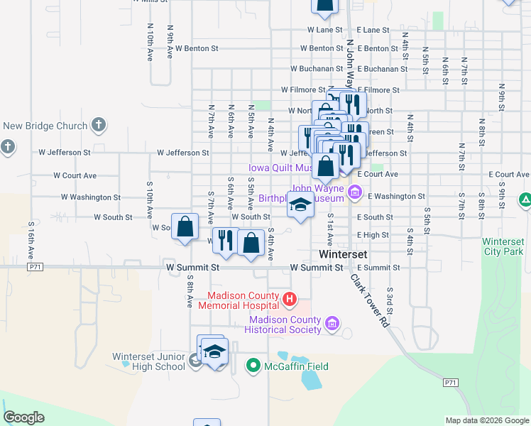 map of restaurants, bars, coffee shops, grocery stores, and more near 302 South 4th Avenue in Winterset
